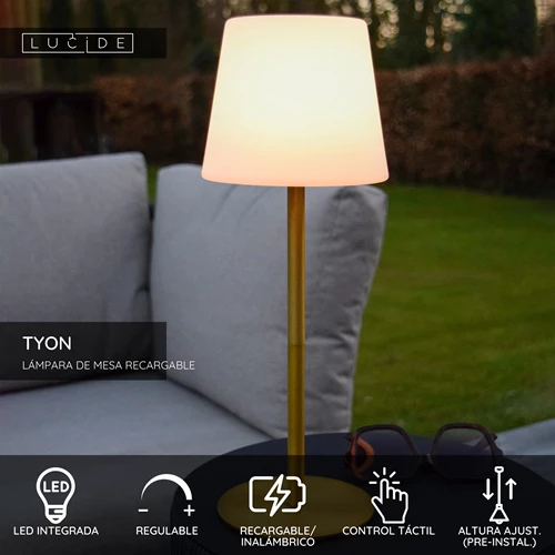 Lucide TYON - Lámpara de mesa Recargable Dentro/Fuera - Batería/acumulador - Ø 15 cm - LED Regul. - 1x2W 2700K - IP65 - Oro mate / Latón - USP